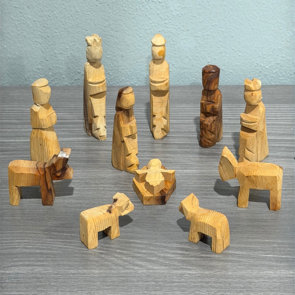 Vintage Hand Carved Olive Wood Nativity Set 11 Pc Bethlehem Holy Land Folk Art